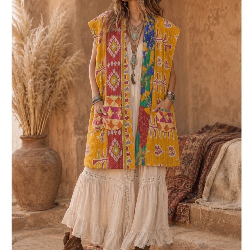 Jaded Gypsy Kantha Quilt Vest Boho Patchwork Embroidered Sleeveless Jacket xx